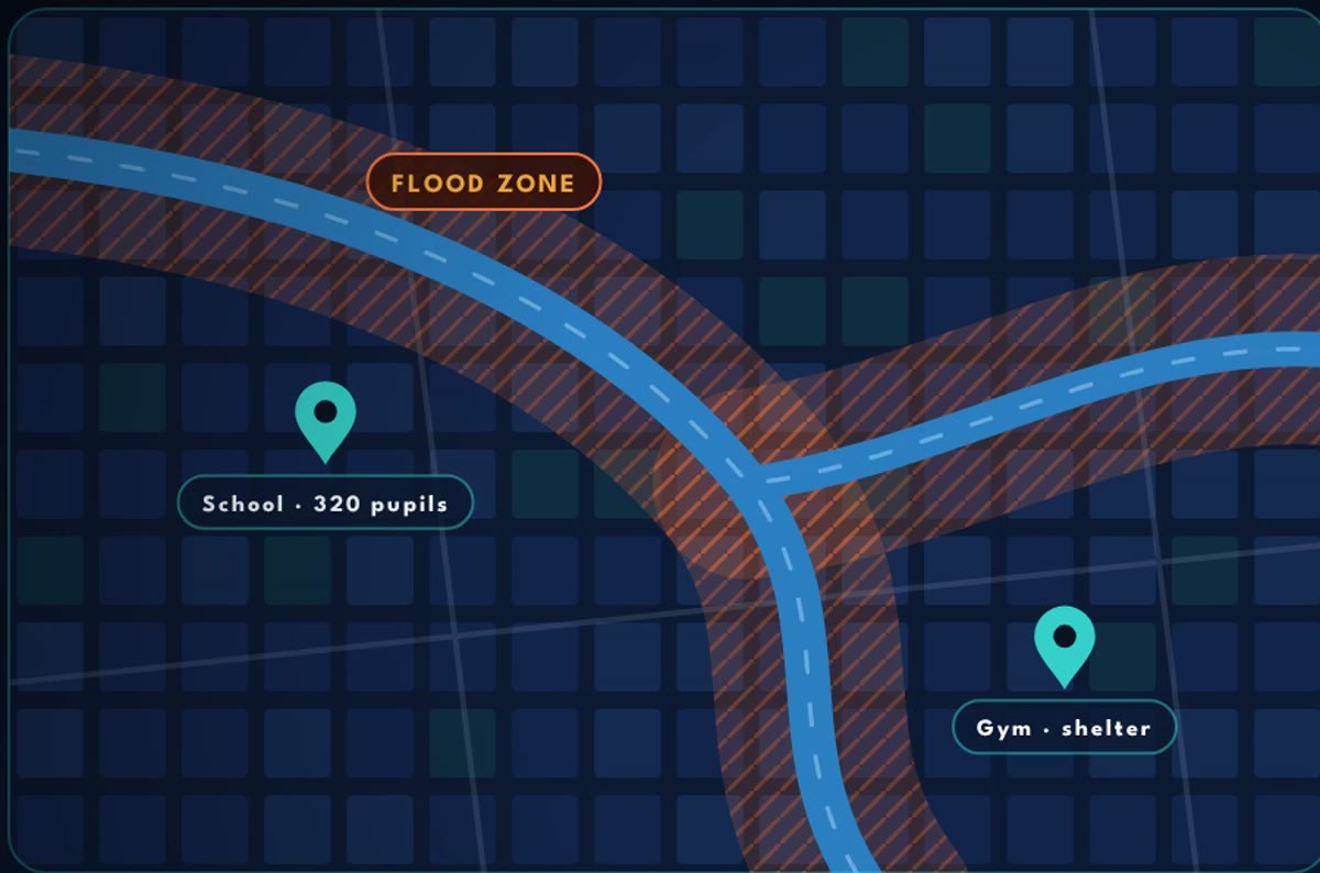 Illustrated map of the confluence of the Seine and the Marne, showing the flood zone and a shelter